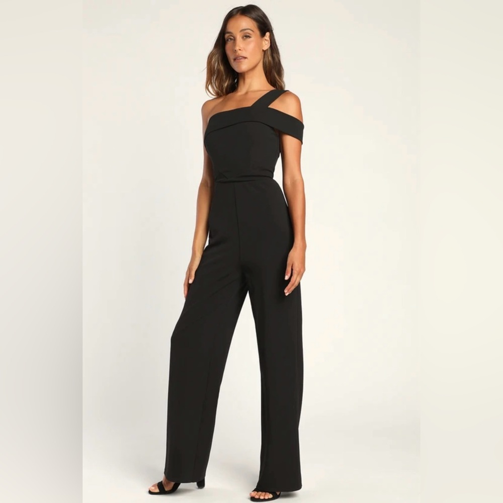 NEW Lulus Bold and Ambitious Black One-Shoulder Wide-Leg Jumpsuit